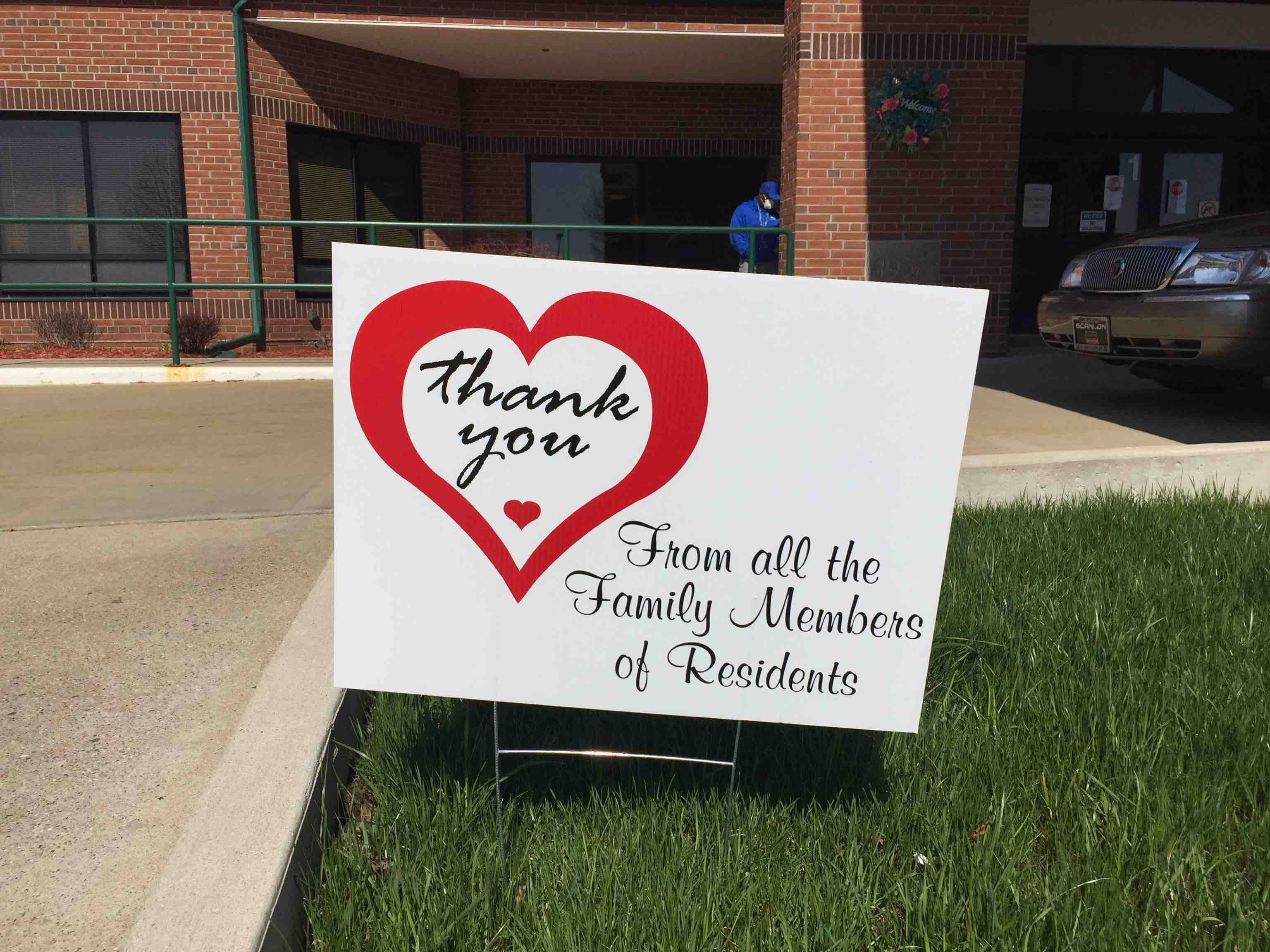 Yard sign saying thank you to the staff.